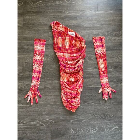 NWOT Miscreants London x Revolve Pink / Orange Printed One Shoulder Mini US 4 - Picture 2 of 4